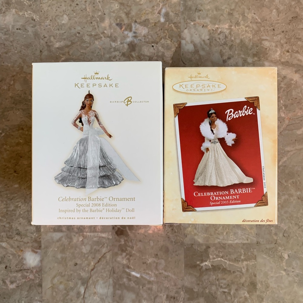 Lot of 2 Hallmark keepsake African American Celebration Barbie ornaments.
